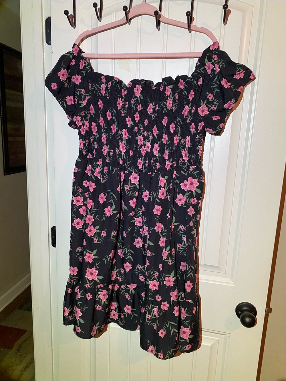 Black Floral Off-Shoulder Dress with Pink Flowers